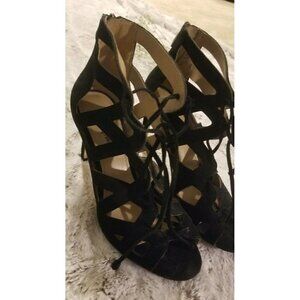 Neiman Marcus Strappy Black High Heel Open Toe Zipper Back Shoes Size 7.5